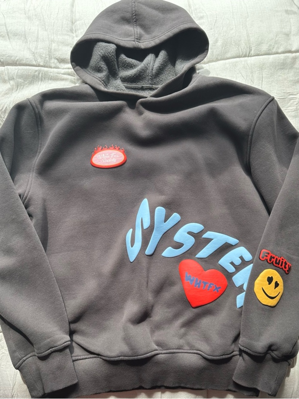 White Fox Boutique Charcoal Hoodie with Light Blue & Red Graphics